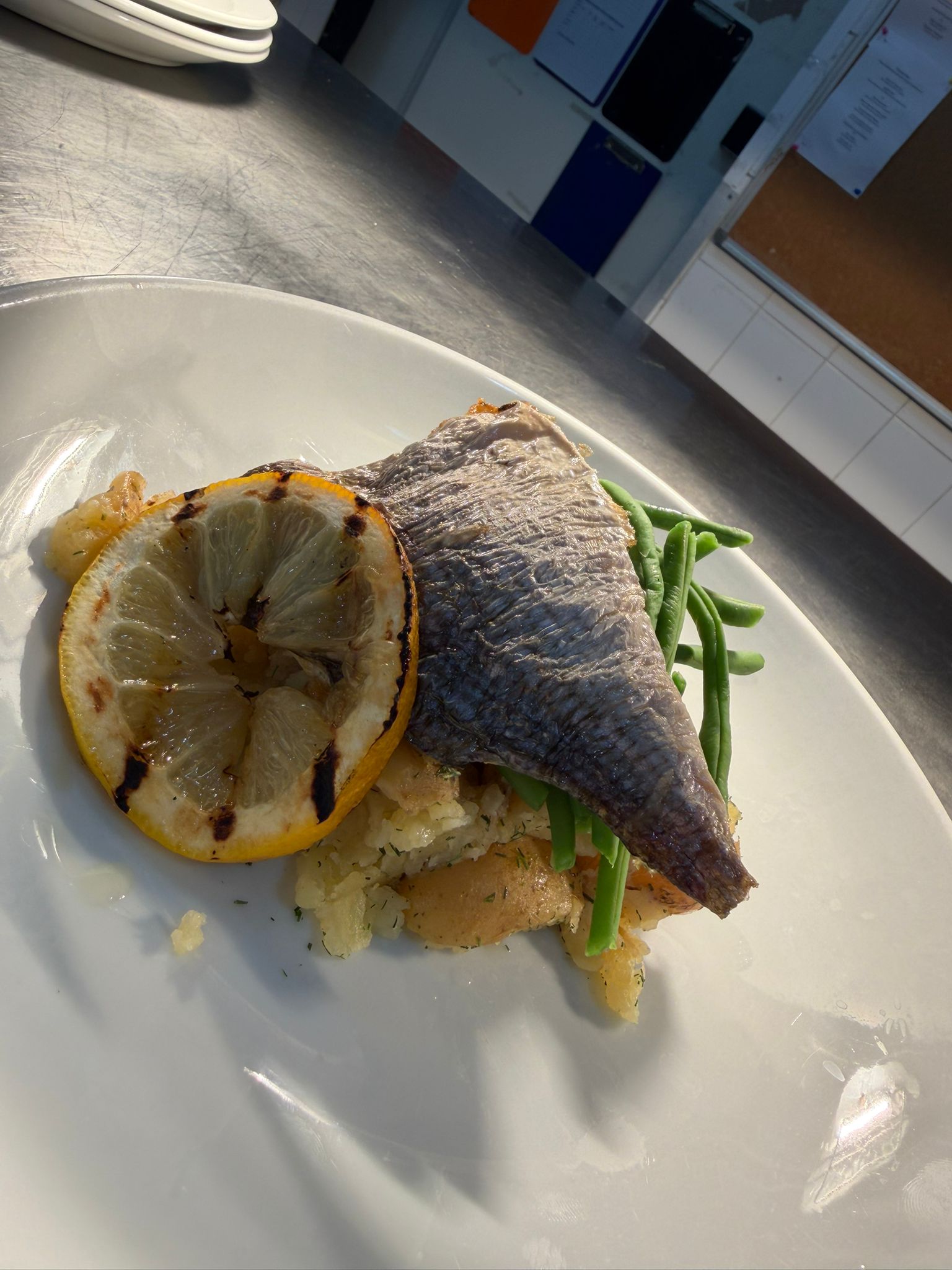 Plated seabass dish - close-up