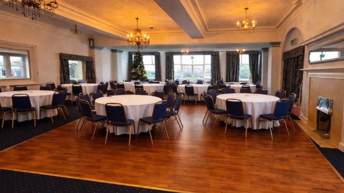 The Royal Garden Suite at The Royal Hotel, Skegness - banquet tables, chandeliers, and parquet dance floor