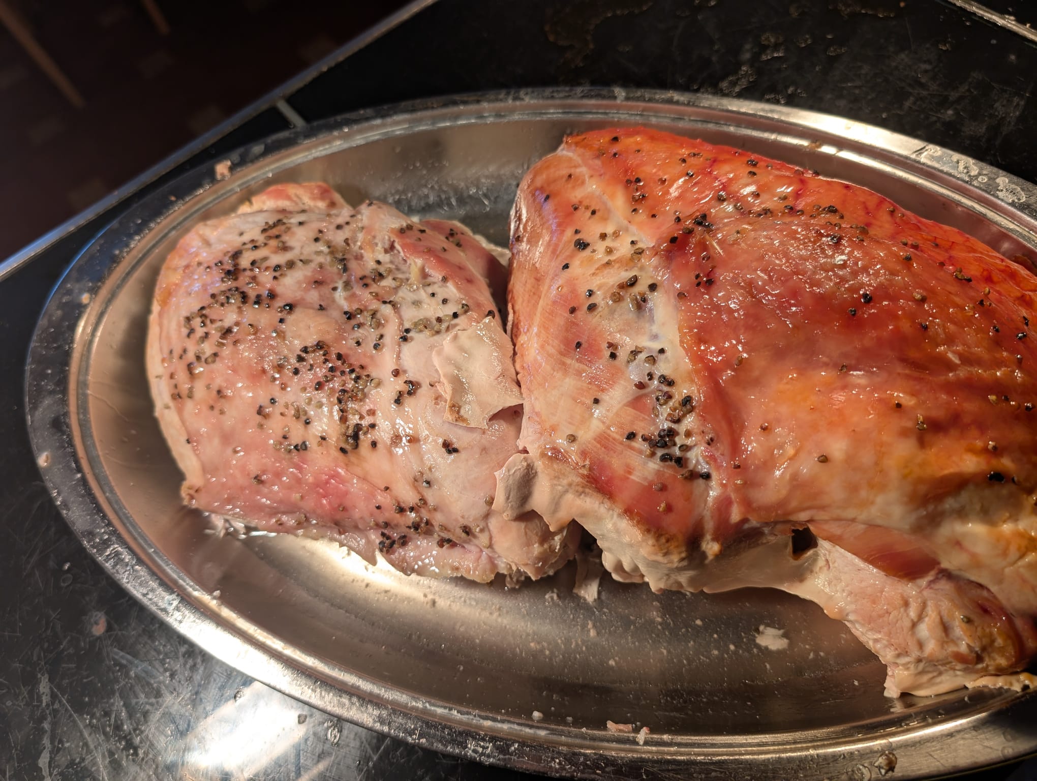 Roast turkey at the carvery, close view
