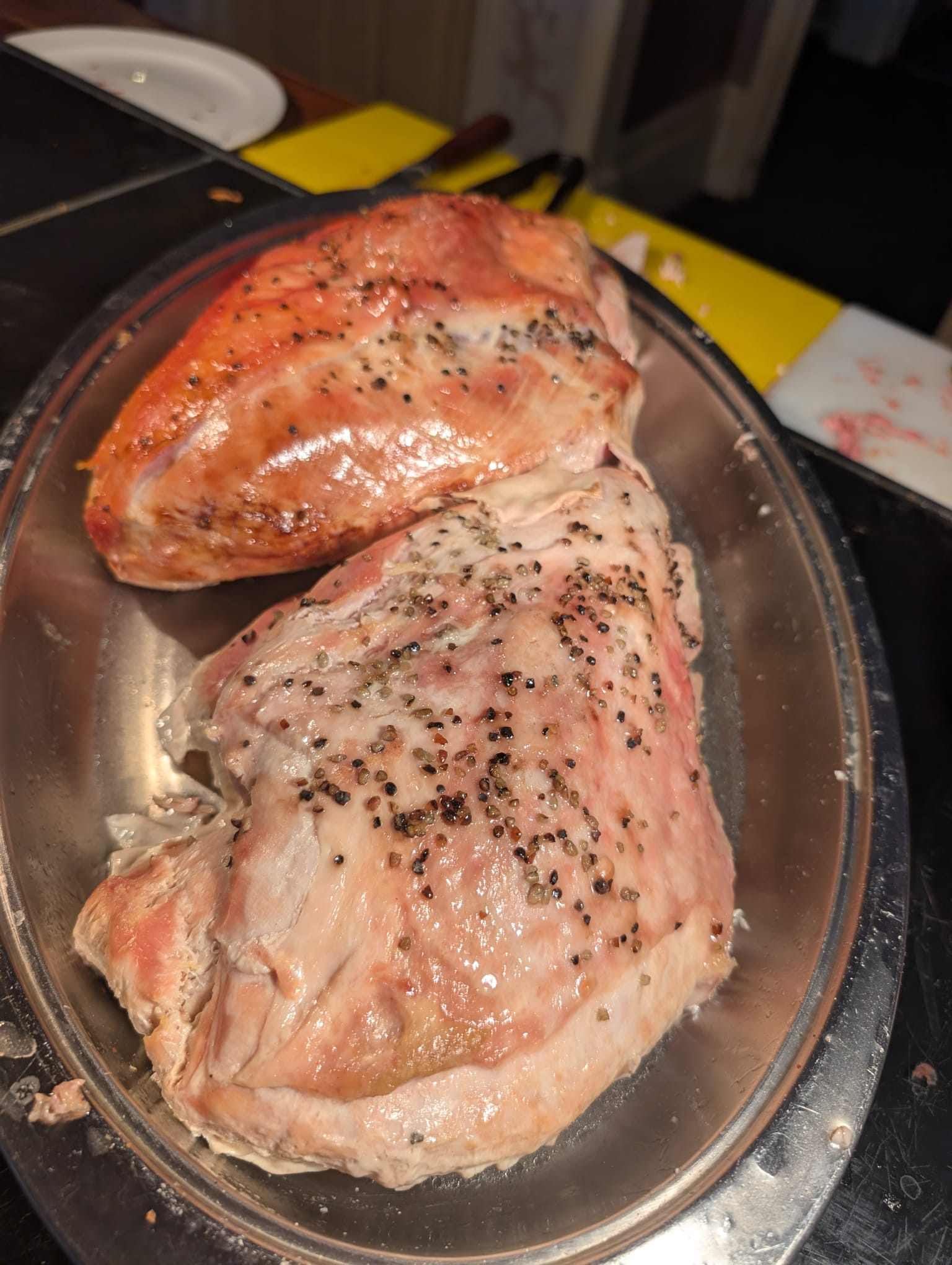 Roast turkey joints on the carving station