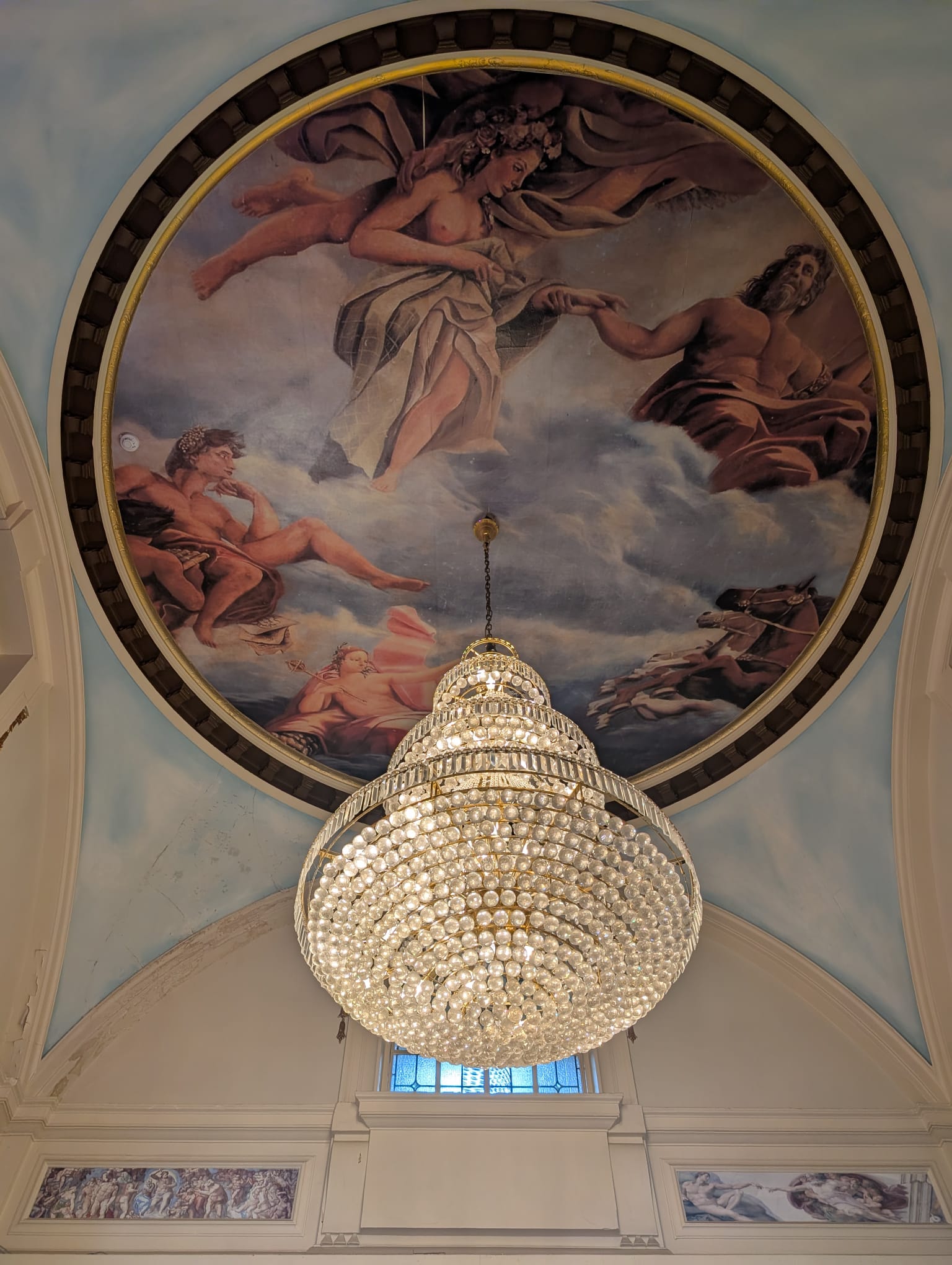 Ceiling fresco with crystal chandelier - The Royal Hotel, Skegness