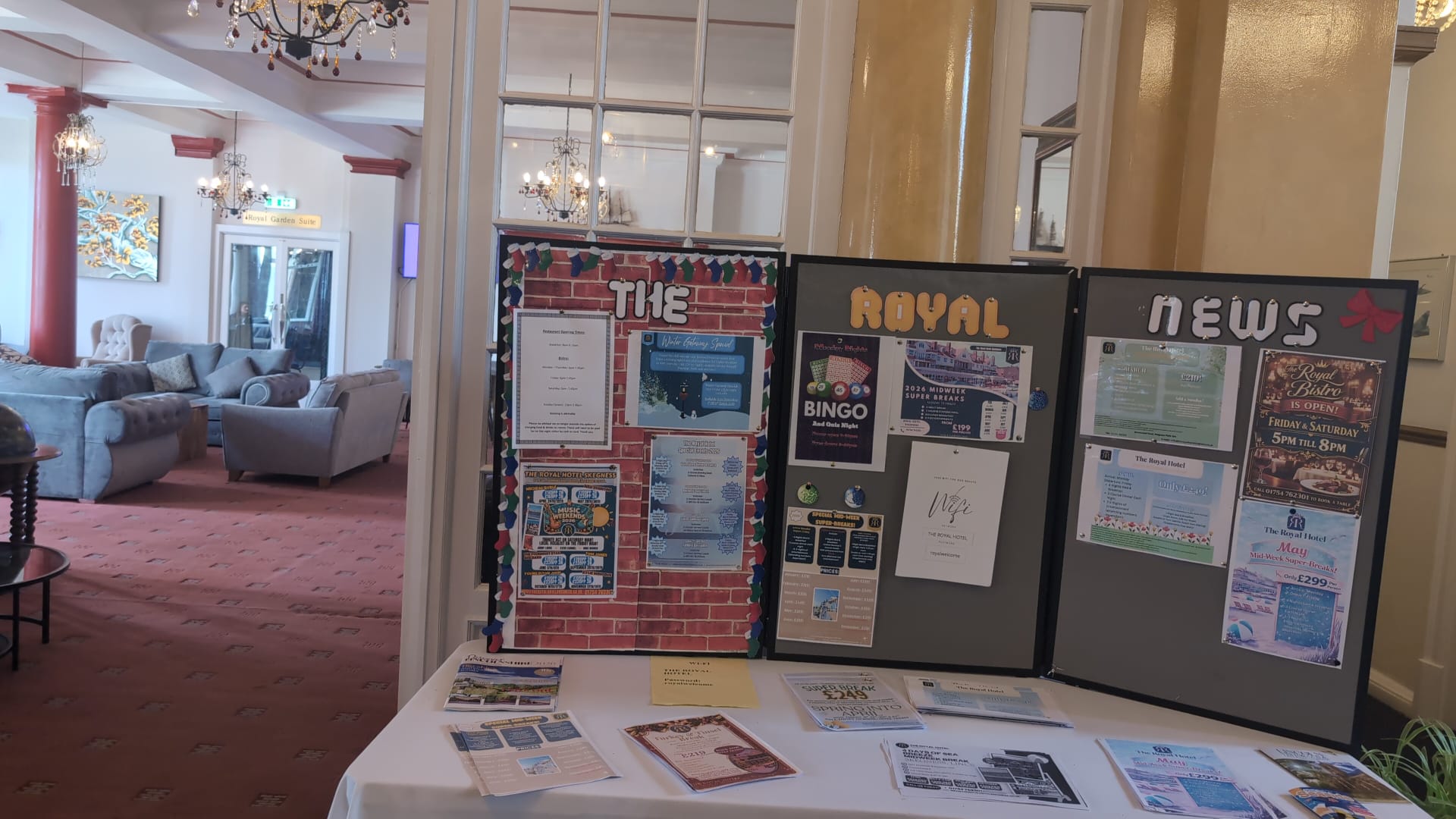Reception notice board with what's-on flyers
